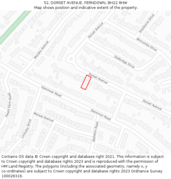 52, DORSET AVENUE, FERNDOWN, BH22 8HW: Location map and indicative extent of plot