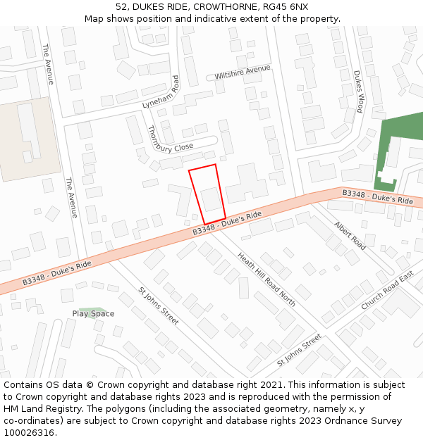 52, DUKES RIDE, CROWTHORNE, RG45 6NX: Location map and indicative extent of plot