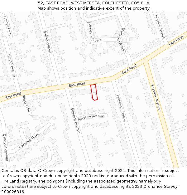 52, EAST ROAD, WEST MERSEA, COLCHESTER, CO5 8HA: Location map and indicative extent of plot