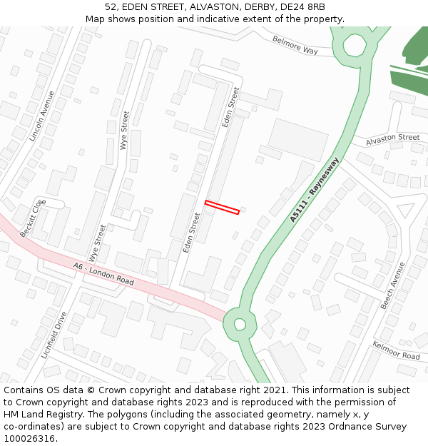 52, EDEN STREET, ALVASTON, DERBY, DE24 8RB: Location map and indicative extent of plot