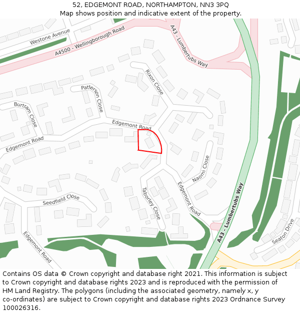 52, EDGEMONT ROAD, NORTHAMPTON, NN3 3PQ: Location map and indicative extent of plot