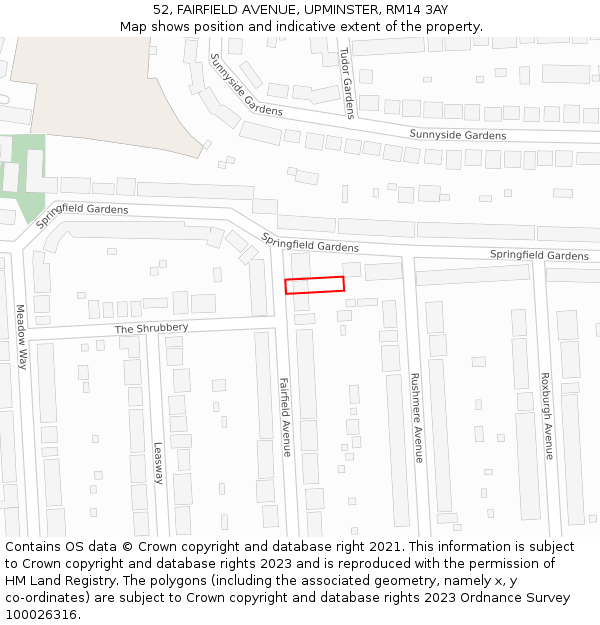 52, FAIRFIELD AVENUE, UPMINSTER, RM14 3AY: Location map and indicative extent of plot