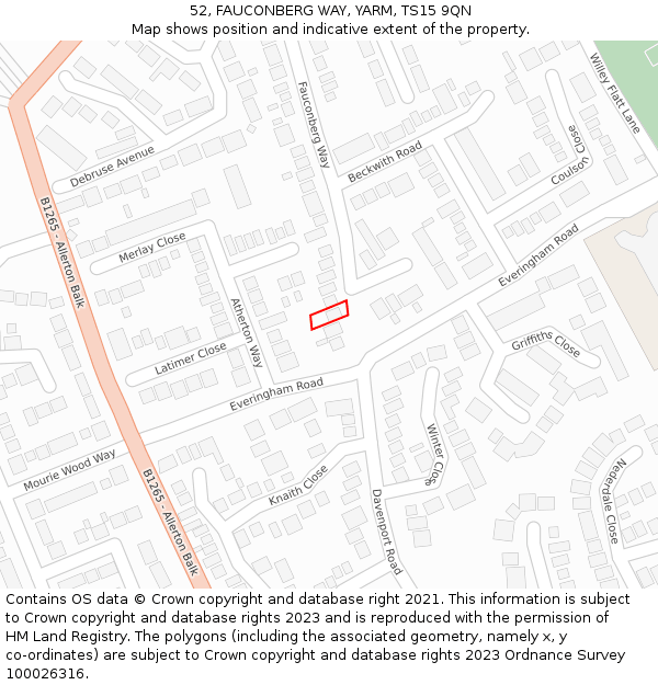 52, FAUCONBERG WAY, YARM, TS15 9QN: Location map and indicative extent of plot