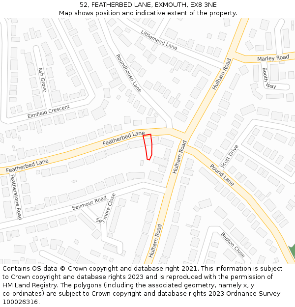 52, FEATHERBED LANE, EXMOUTH, EX8 3NE: Location map and indicative extent of plot