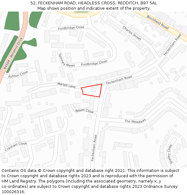 52, FECKENHAM ROAD, HEADLESS CROSS, REDDITCH, B97 5AL: Location map and indicative extent of plot