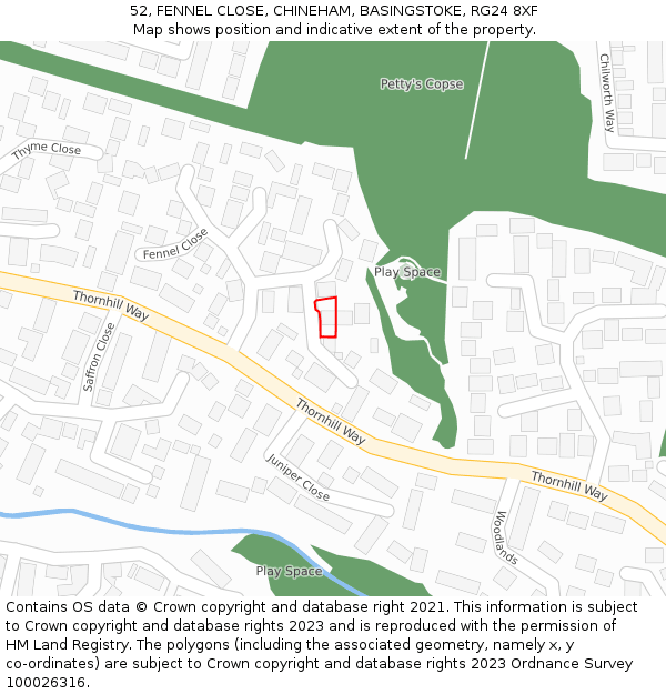 52, FENNEL CLOSE, CHINEHAM, BASINGSTOKE, RG24 8XF: Location map and indicative extent of plot