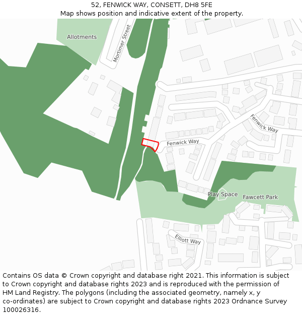 52, FENWICK WAY, CONSETT, DH8 5FE: Location map and indicative extent of plot