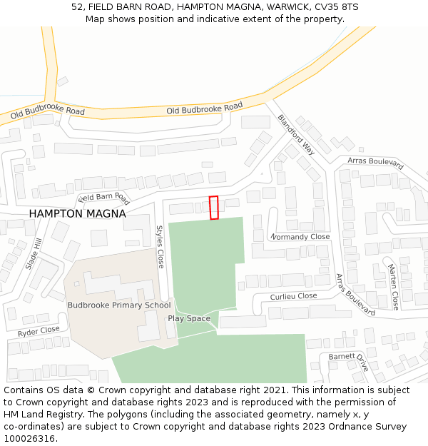 52, FIELD BARN ROAD, HAMPTON MAGNA, WARWICK, CV35 8TS: Location map and indicative extent of plot