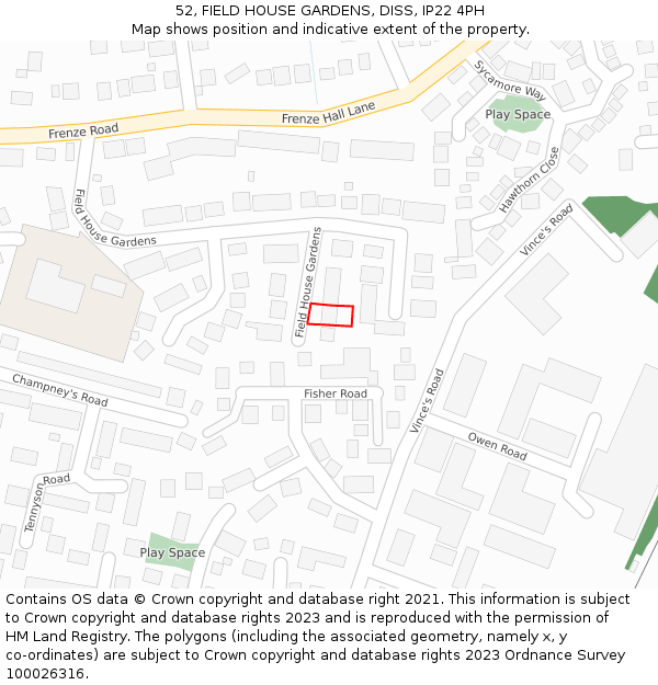 52, FIELD HOUSE GARDENS, DISS, IP22 4PH: Location map and indicative extent of plot