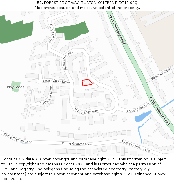 52, FOREST EDGE WAY, BURTON-ON-TRENT, DE13 0PQ: Location map and indicative extent of plot