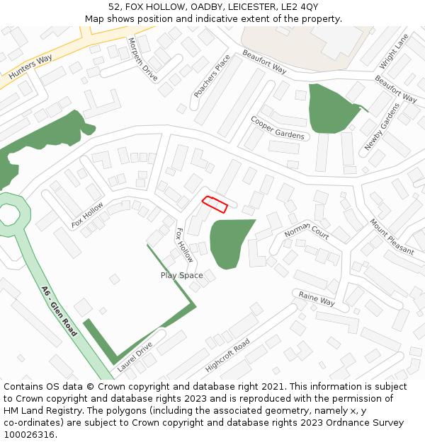 52, FOX HOLLOW, OADBY, LEICESTER, LE2 4QY: Location map and indicative extent of plot