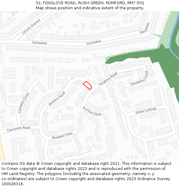 52, FOXGLOVE ROAD, RUSH GREEN, ROMFORD, RM7 0YQ: Location map and indicative extent of plot