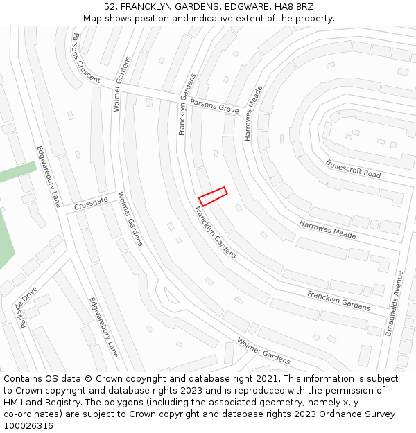 52, FRANCKLYN GARDENS, EDGWARE, HA8 8RZ: Location map and indicative extent of plot