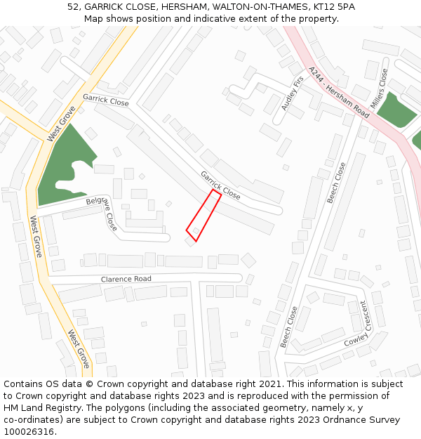 52, GARRICK CLOSE, HERSHAM, WALTON-ON-THAMES, KT12 5PA: Location map and indicative extent of plot