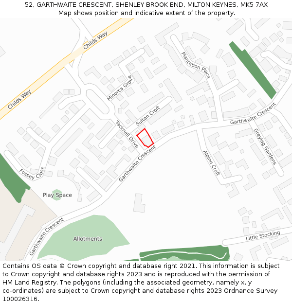 52, GARTHWAITE CRESCENT, SHENLEY BROOK END, MILTON KEYNES, MK5 7AX: Location map and indicative extent of plot