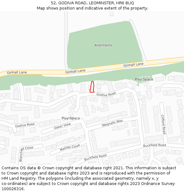 52, GODIVA ROAD, LEOMINSTER, HR6 8UQ: Location map and indicative extent of plot