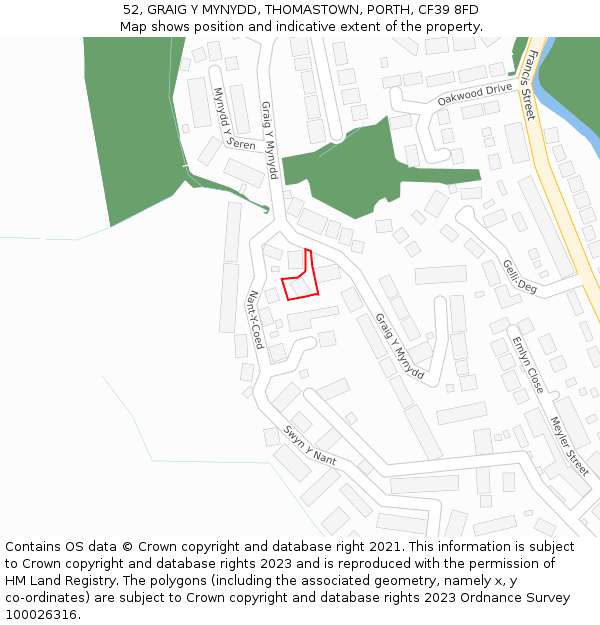 52, GRAIG Y MYNYDD, THOMASTOWN, PORTH, CF39 8FD: Location map and indicative extent of plot