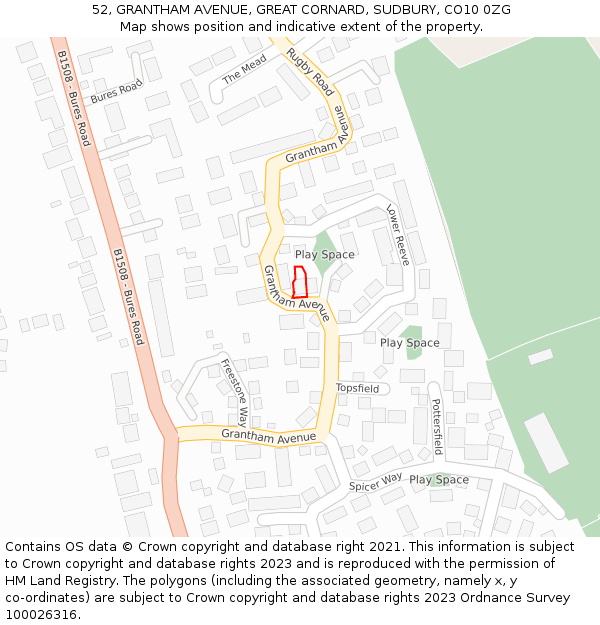 52, GRANTHAM AVENUE, GREAT CORNARD, SUDBURY, CO10 0ZG: Location map and indicative extent of plot