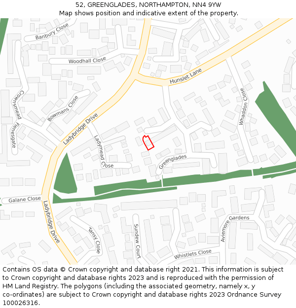 52, GREENGLADES, NORTHAMPTON, NN4 9YW: Location map and indicative extent of plot