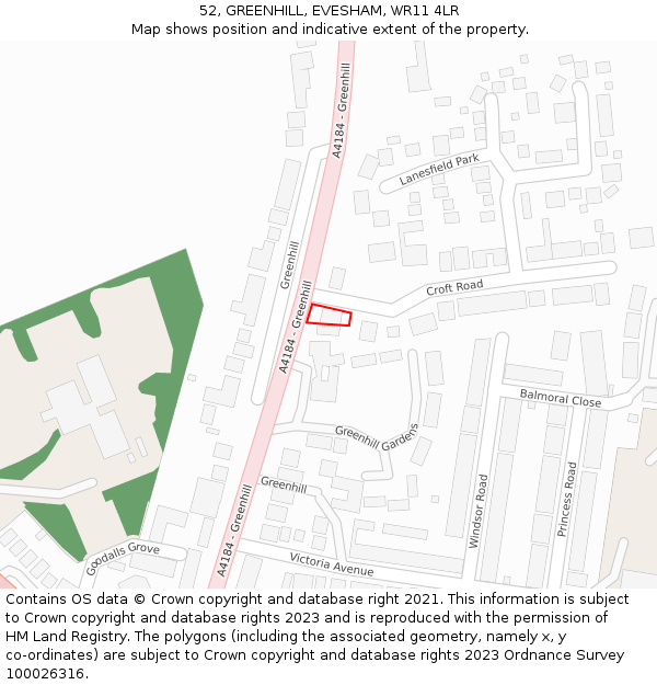 52, GREENHILL, EVESHAM, WR11 4LR: Location map and indicative extent of plot