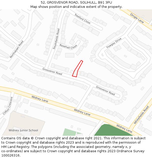 52, GROSVENOR ROAD, SOLIHULL, B91 3PU: Location map and indicative extent of plot