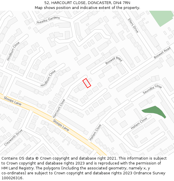 52, HARCOURT CLOSE, DONCASTER, DN4 7RN: Location map and indicative extent of plot