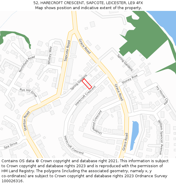 52, HARECROFT CRESCENT, SAPCOTE, LEICESTER, LE9 4FX: Location map and indicative extent of plot