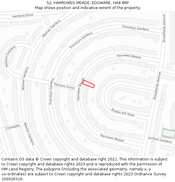 52, HARROWES MEADE, EDGWARE, HA8 8RP: Location map and indicative extent of plot