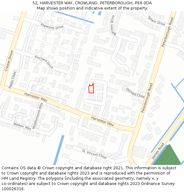 52, HARVESTER WAY, CROWLAND, PETERBOROUGH, PE6 0DA: Location map and indicative extent of plot