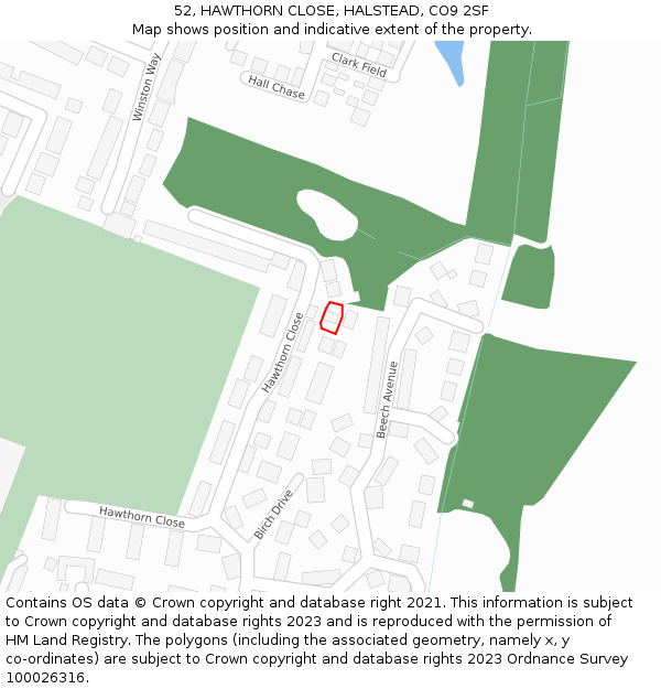 52, HAWTHORN CLOSE, HALSTEAD, CO9 2SF: Location map and indicative extent of plot