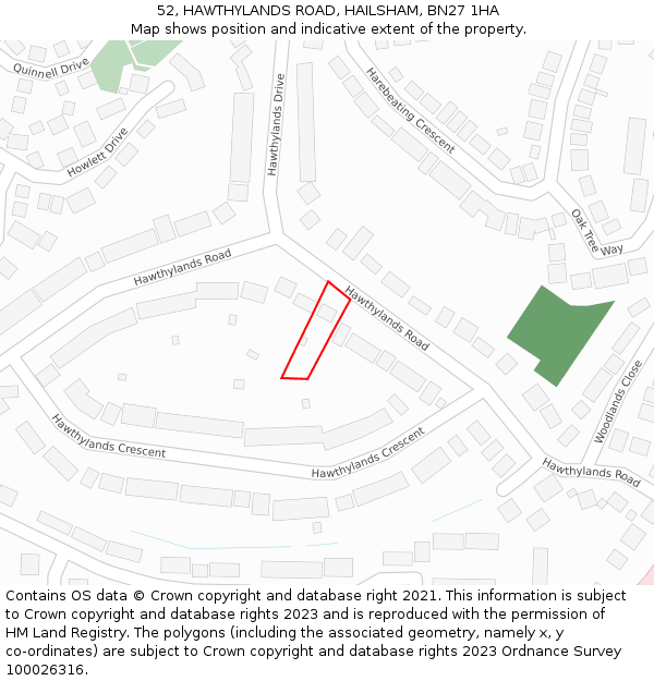 52, HAWTHYLANDS ROAD, HAILSHAM, BN27 1HA: Location map and indicative extent of plot