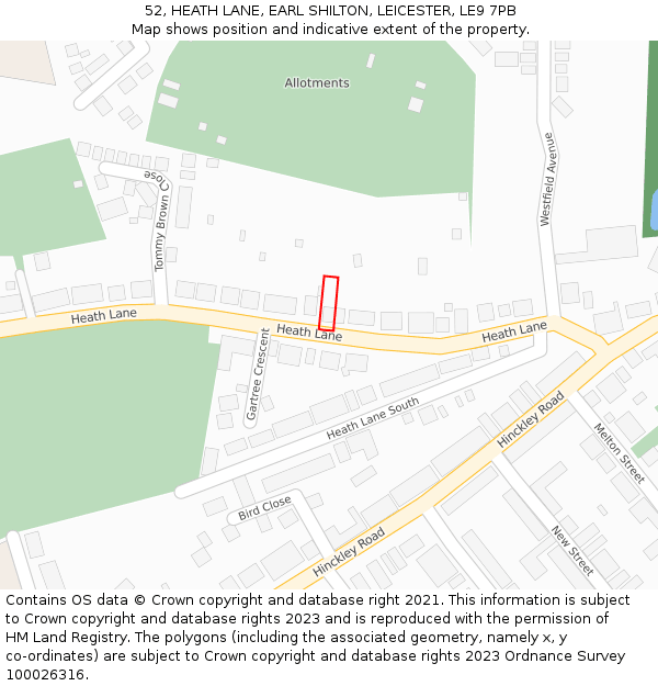 52, HEATH LANE, EARL SHILTON, LEICESTER, LE9 7PB: Location map and indicative extent of plot