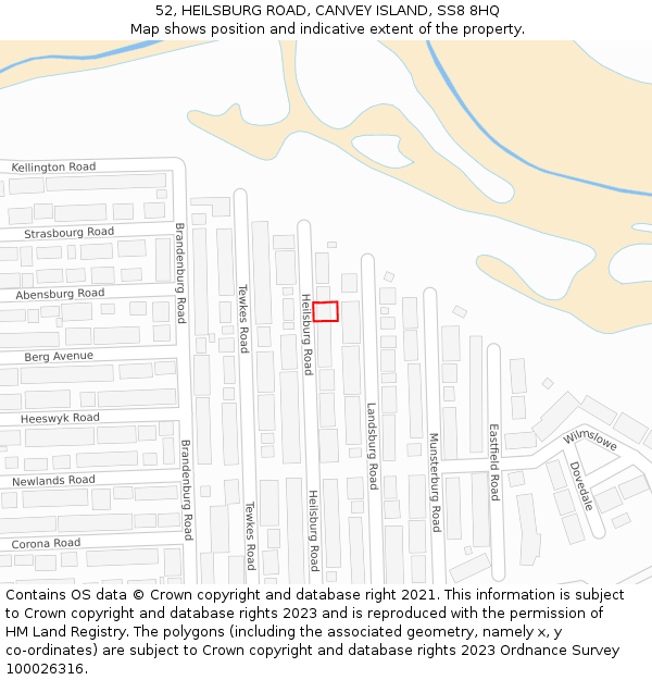 52, HEILSBURG ROAD, CANVEY ISLAND, SS8 8HQ: Location map and indicative extent of plot