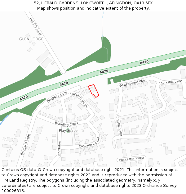 52, HERALD GARDENS, LONGWORTH, ABINGDON, OX13 5FX: Location map and indicative extent of plot