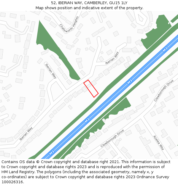 52, IBERIAN WAY, CAMBERLEY, GU15 1LY: Location map and indicative extent of plot