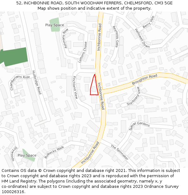 52, INCHBONNIE ROAD, SOUTH WOODHAM FERRERS, CHELMSFORD, CM3 5GE: Location map and indicative extent of plot