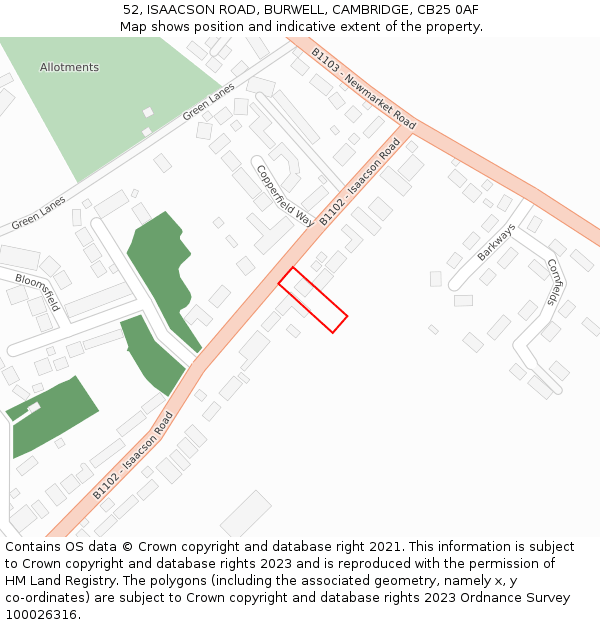 52, ISAACSON ROAD, BURWELL, CAMBRIDGE, CB25 0AF: Location map and indicative extent of plot