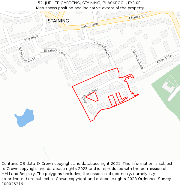 52, JUBILEE GARDENS, STAINING, BLACKPOOL, FY3 0EL: Location map and indicative extent of plot