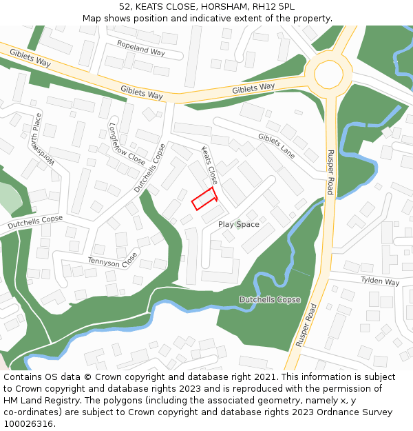 52, KEATS CLOSE, HORSHAM, RH12 5PL: Location map and indicative extent of plot