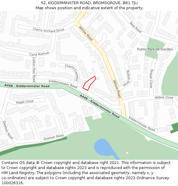 52, KIDDERMINSTER ROAD, BROMSGROVE, B61 7JU: Location map and indicative extent of plot