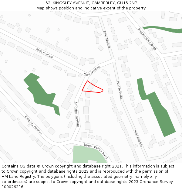 52, KINGSLEY AVENUE, CAMBERLEY, GU15 2NB: Location map and indicative extent of plot