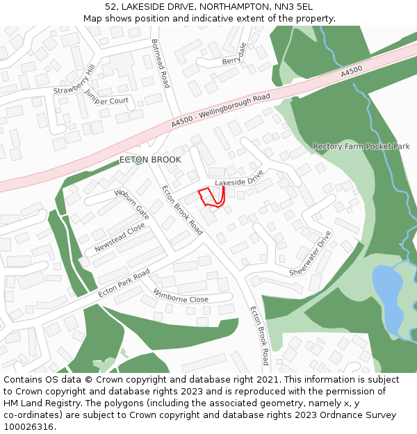 52, LAKESIDE DRIVE, NORTHAMPTON, NN3 5EL: Location map and indicative extent of plot