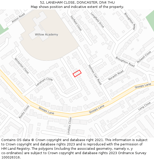 52, LANEHAM CLOSE, DONCASTER, DN4 7HU: Location map and indicative extent of plot