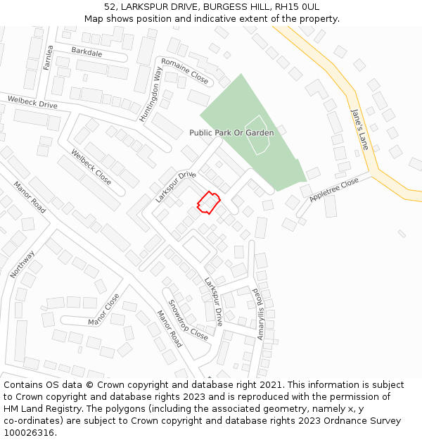 52, LARKSPUR DRIVE, BURGESS HILL, RH15 0UL: Location map and indicative extent of plot