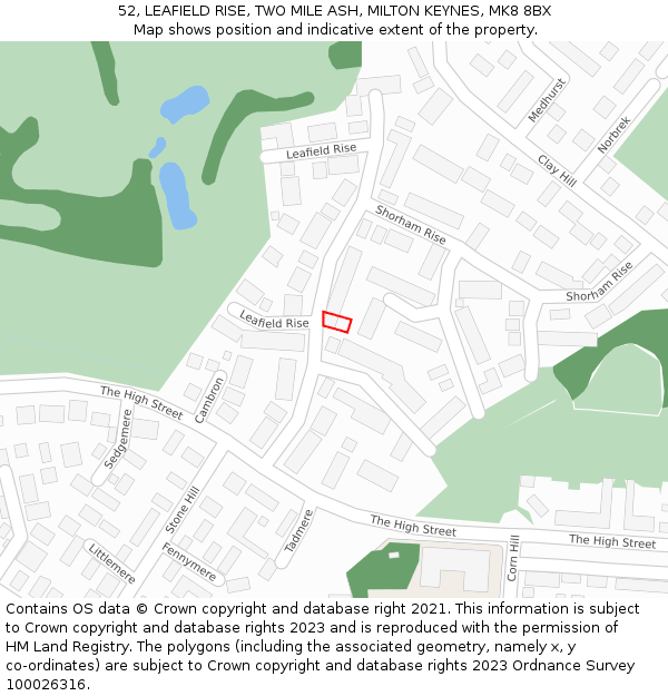 52, LEAFIELD RISE, TWO MILE ASH, MILTON KEYNES, MK8 8BX: Location map and indicative extent of plot