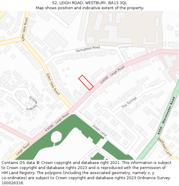 52, LEIGH ROAD, WESTBURY, BA13 3QL: Location map and indicative extent of plot