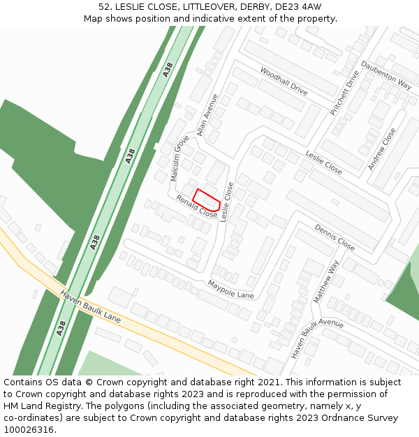 52, LESLIE CLOSE, LITTLEOVER, DERBY, DE23 4AW: Location map and indicative extent of plot