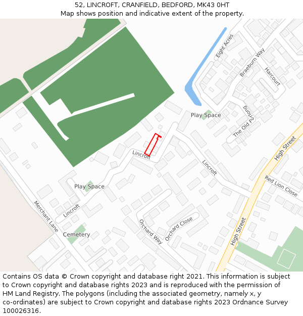 52, LINCROFT, CRANFIELD, BEDFORD, MK43 0HT: Location map and indicative extent of plot