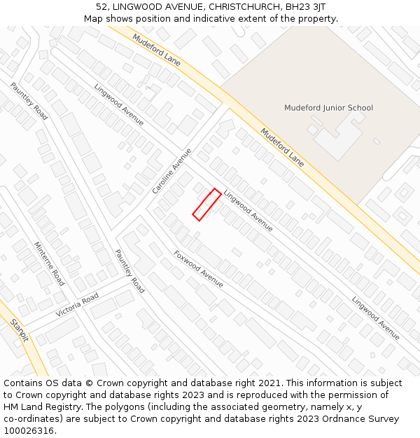 52, LINGWOOD AVENUE, CHRISTCHURCH, BH23 3JT: Location map and indicative extent of plot