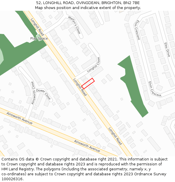 52, LONGHILL ROAD, OVINGDEAN, BRIGHTON, BN2 7BE: Location map and indicative extent of plot